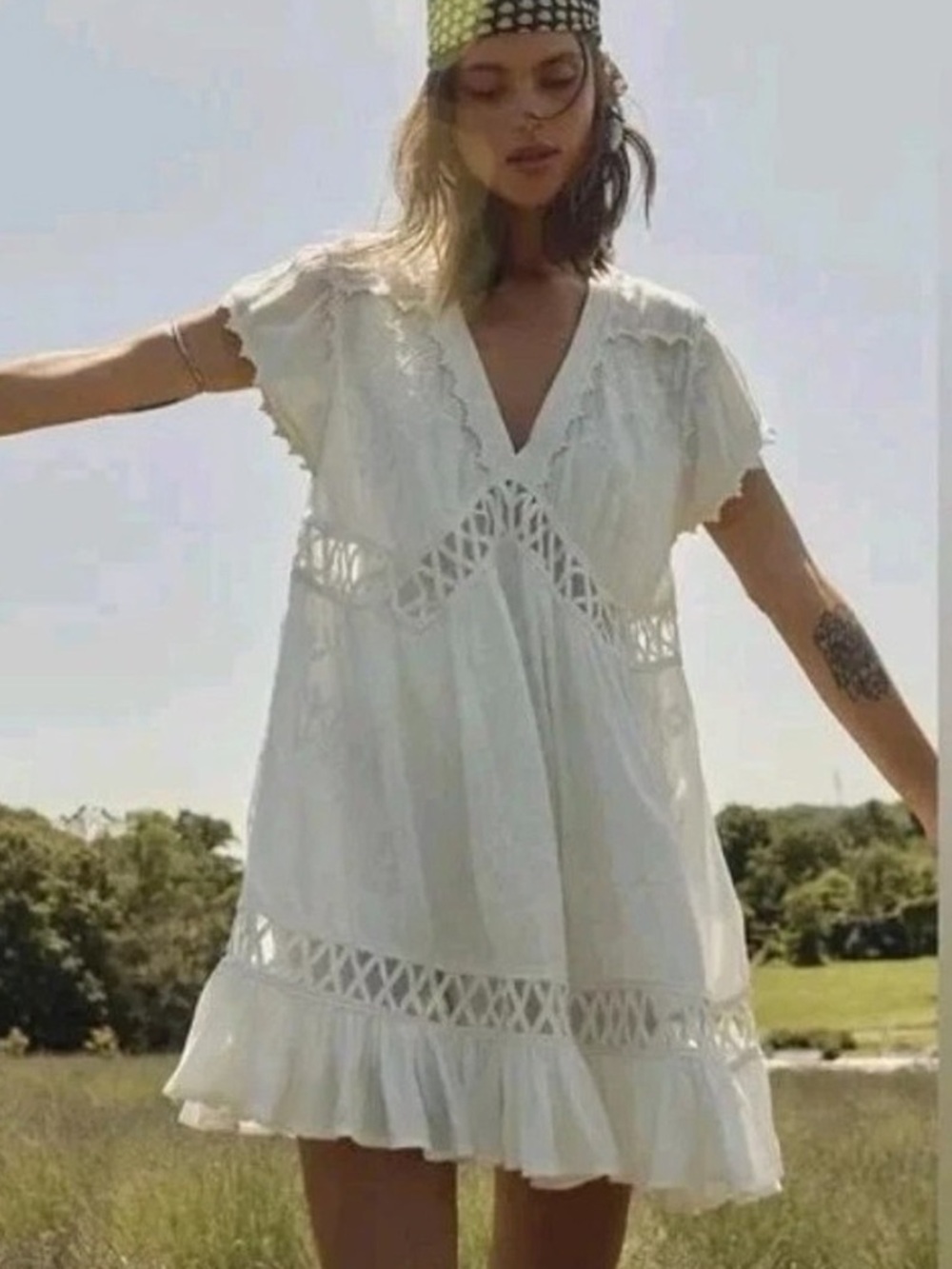 Free People Marissa White Embroidered Mini Dress size small Boho Festival